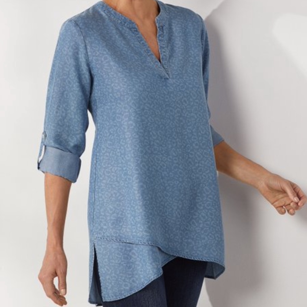 NWOT Soft Surroundings Timeless Tencel Leopard Chambray Top PXS $80